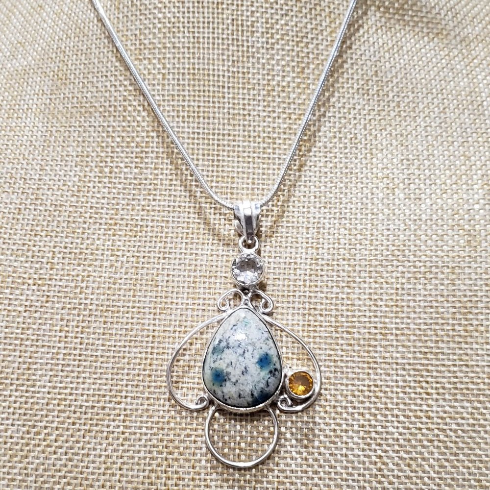 Beautiful Handmade K2 Azurite, White Topaz, Citrine Gemstone 925 Pendant Necklac